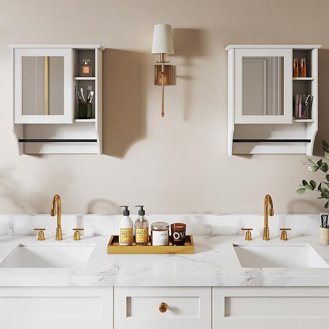 ALIMORDEN Medicine Cabinet, Bathroom Wall Cabinet with Towel Bar, Adjustable Shelves, Wall Mounted Bathroom Mirror, 19.68" D x 7.7" W x 24.2" H, White