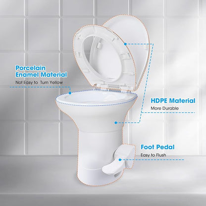 AW RV Toilet Porcelain Enamel & HDPE Gravity Flush Camper Trailer Toilet | Elongated 20" High Profile Foot Pedal Flush Motorhome Caravan
