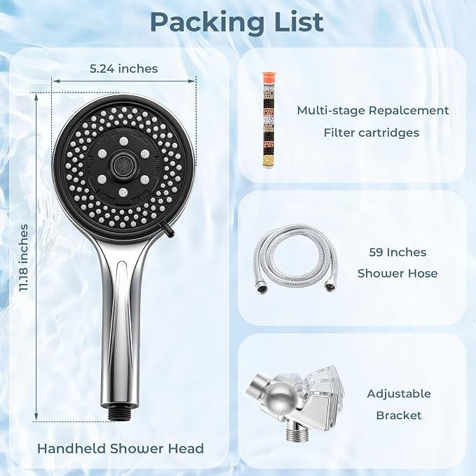 Filtered Handheld Shower Head, High Pressure Chrome | 7 spray modes, 5.24" wide coverage, 59" SS hose, adjustable holder, built-in filter, G1/2" universal fit, tool-free install