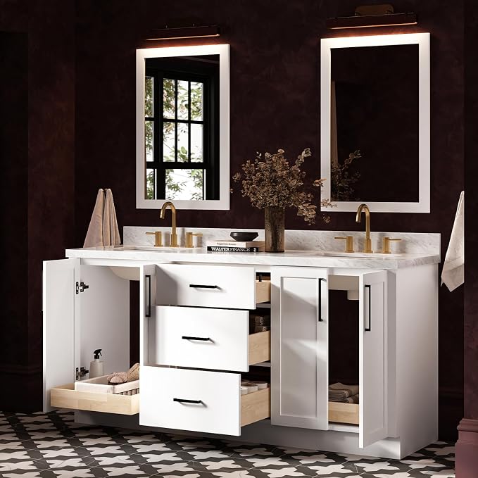 ARIEL Loren 72-inch Bathroom Vanity with Sink,Solid Wood, 1.5-inch Italian Carrara Marble Countertop, Double Rectangular Porcelain Sink, 4 Soft Closing Doors, 3 Dovetail Drawers, White