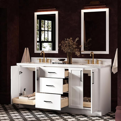 ARIEL Loren 72-inch Bathroom Vanity with Sink,Solid Wood, 1.5-inch Italian Carrara Marble Countertop, Double Rectangular Porcelain Sink, 4 Soft Closing Doors, 3 Dovetail Drawers, White