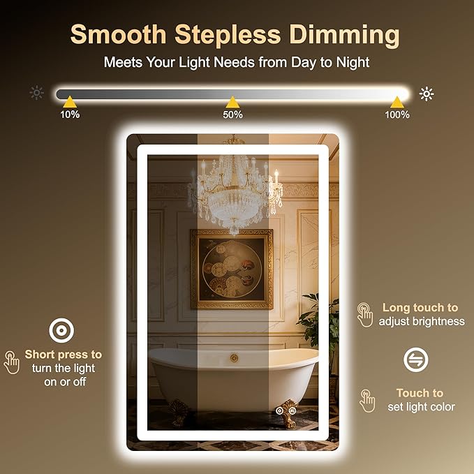 LED Bathroom Mirror, 36"x24" Bathroom Vanity Mirror with Lights for Wall, Smart Anti-Fog, Stepless Dimmable with 3 Color Mode, Backlit + Front Lit, Memory Function, ETL Listed