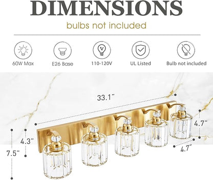 5-Lights Brushed Brass Bathroom Light Fixture Gold Vanity Lights Modern Crystal Bathroom Vanity Lighting Over Mirror Wall Sconce with K9 Crystal Shade E26 Base for Living Room, Bedroom Wall Lamp