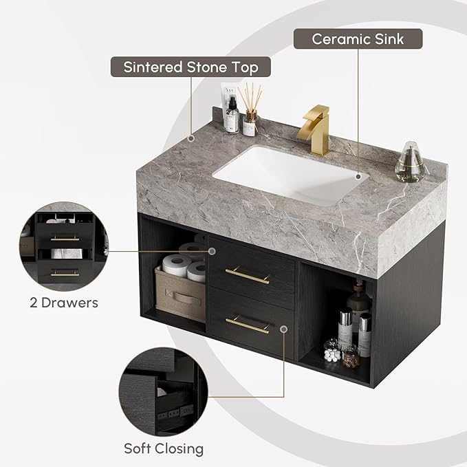 homary 35.4" Floating Bathroom Vanity with Sink, Modern Wall-Mounted Vanity Bathroom Cabinet with Sintered Stone Countertop, Undermount Sink & Black, 2 Open Storage Shelves