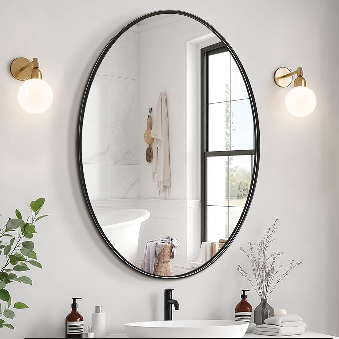 32x24 Black Oval Bathroom Mirror for Over Sink, Aluminum Frame | HD Reflection No Distortion, Aluminum Frame, Mounting Hardware for Vertical or Horizontal Mount