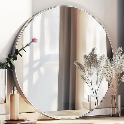 18 inch Round Mirror, Round Wall Mirror, Brushed Silver Metal Frame | Durable, Rust-resistant, High Definition Mirror, Easy Installation, Suitable for Vanity, Nursery, Bedroom, Bathroom