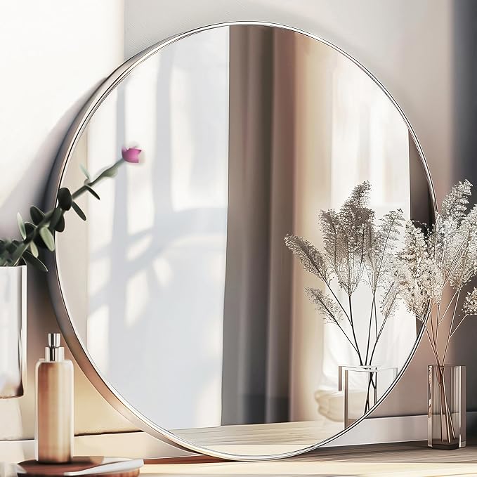 Silver Circle Mirror, 20 inch Round Wall Mirror,Brushed Metal Frame | High Definition Mirror, Rust-resistant, Easy Installation, Round Mirrors for Bedroom, Guest Room, Baby room, Vanity
