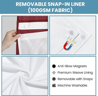 SORTTO No Hook Shower Curtain with Snap in Liner Set Waffle Shower Curtain for Bathroom Hotel Style Fabric Waterproof Inner Liner，71" W x 74" H, Burgundy