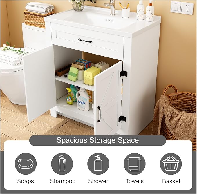 Bathroom Vanity, 24" Bathroom Vanity with Ceramic Sink, Farmhouse Bathroom Vanity Cabinet for Small Space, Freestanding Storage Cabinet with Shelf, 2 Doors, Easy Assembly