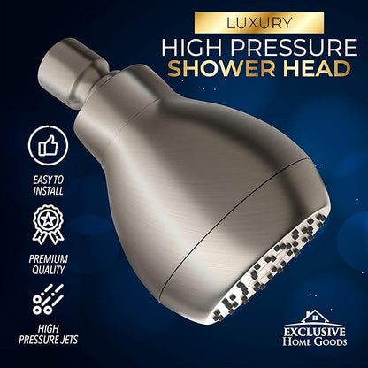 High Pressure Shower Head - Brushed Nickel - Powerful Deluxe Bathroom Showerhead with Strong Spray Stream and Small Silicone Nozzles - Universal Fit Works with High and Low Water Flow Showers-2.5 GPM