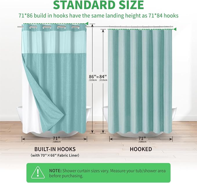 eachope No Hook Linen Texture Shower Curtain with Snap-in Liner,71x86 Teal | Extra Long,230GSM Thick Fabric,Hotel Luxury Decor,Mesh Top Window,Bottom Magnetic,Waterproof & Machine Washable,for Bathroom