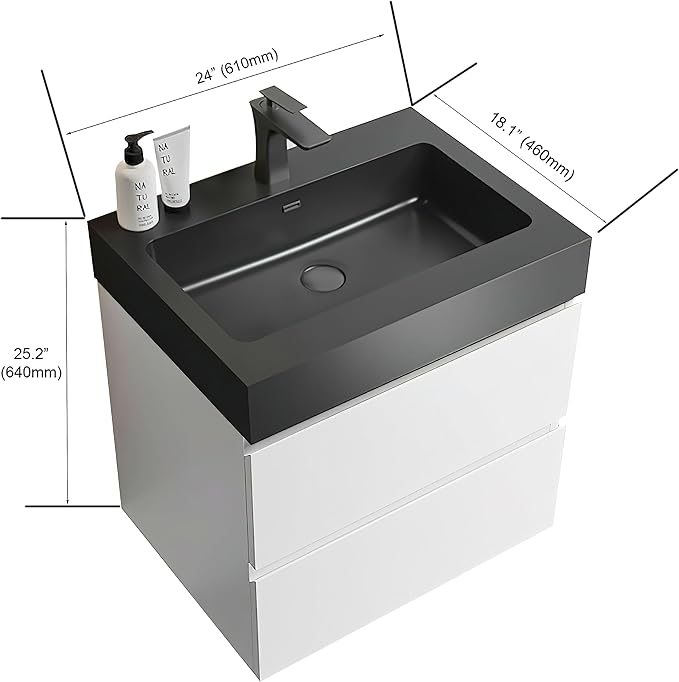 24" Floating Bathroom Vanity with Black Sink, Modern Bathroom Cabinet with Top and Soft Close Drawers, Spacious Storage for Small Space, White - Lavanda Collection