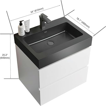 24" Floating Bathroom Vanity with Black Sink, Modern Bathroom Cabinet with Top and Soft Close Drawers, Spacious Storage for Small Space, White - Lavanda Collection
