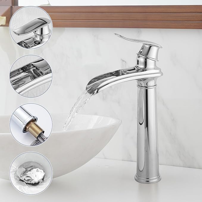 BWE Bathroom Vessel Sink Faucet Waterfall Spout Single Handle One Hole Solid Brass Deck Mount Lavatory Mixer Tap Lavatory Vanity Sink Faucet with Pop Up Drain and Supply Lines Chrome