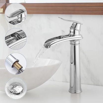 BWE Bathroom Vessel Sink Faucet Waterfall Spout Single Handle One Hole Solid Brass Deck Mount Lavatory Mixer Tap Lavatory Vanity Sink Faucet with Pop Up Drain and Supply Lines Chrome