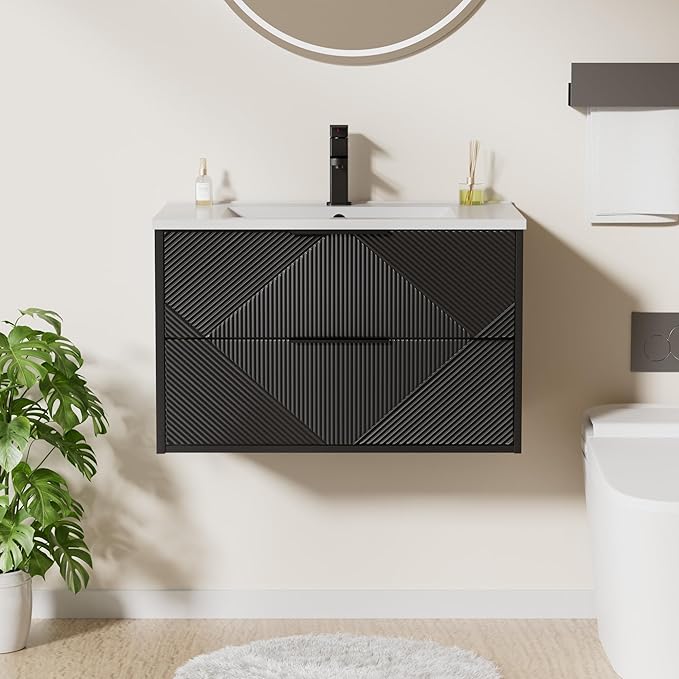 LUCKWIND 30" Floating Bathroom Vanity with Sink Combo, Wall Mounted Floating Cabinet with 2 Large Soft-Close Drawers & Water Saving Faucet, Geometric Textured Design in Black