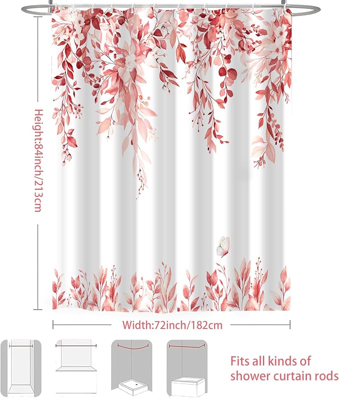 Pink Floral Eucalyptus Shower Curtain with Hooks, 72x84 Inch | Waterproof Fabric, Watercolor Leaves and Floral, Botanical Style, Machine Washable, Quick-Drying, for Hotel Bathroom