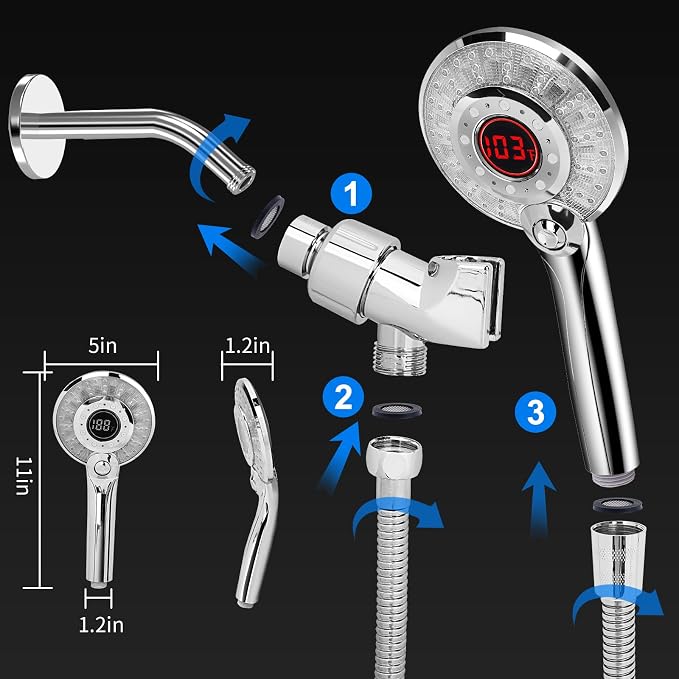 LED Shower Head Color Changing, Shower Head High Pressure with Hose | Water Saving Spray Showerheads, Discoloration Warning, Water Temperature Display, 3 Spray Modes, Easy to Install, ‎Chrome