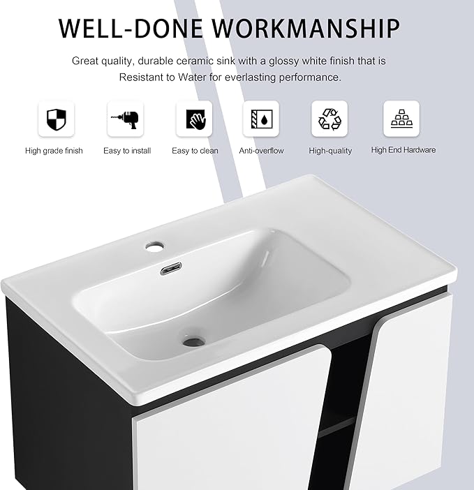 32 Inch Bathroom Vanity with Sink, 32" Floating Bathroom Vanity, Plywood Wooden Cabinet with Soft Close Doors, Modern Wall Mounted Cabinet Set, Ceramic Sink Included