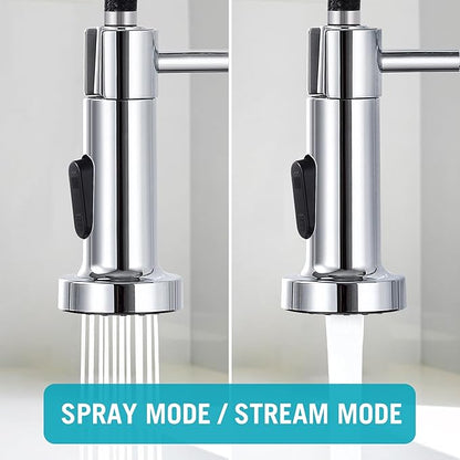 DJS Kitchen Faucets with Pull Down Sprayer Chrome High Arc Single Handle 1 or 3 Holes Spring Kitchen Sink Faucet with Deck Plate for Farmhouse RV Vessel Basin