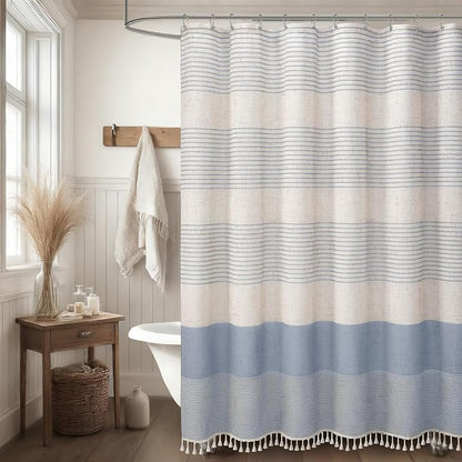 Light Blue Coastal Ocean Linen Striped Shower Curtain with Tassel 72W X 72L | Boho Farmhouse Shower Curtains with Linen Texture for Bathroom Decor