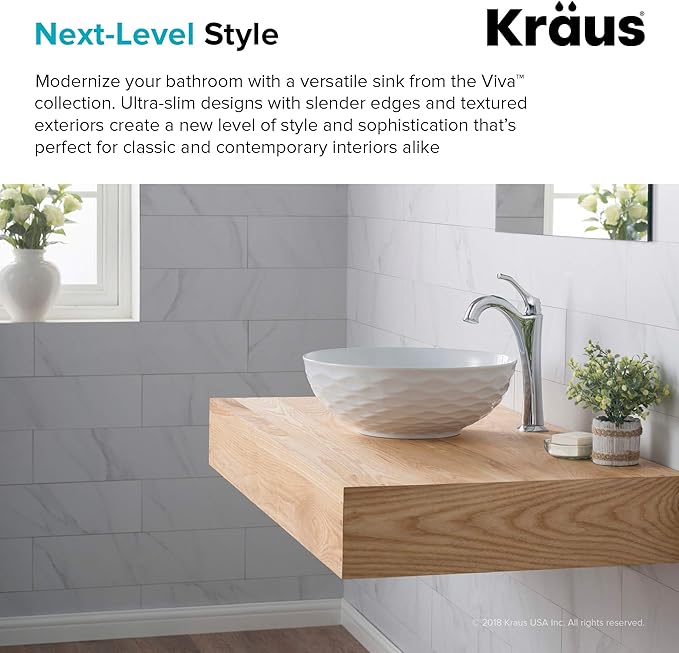 KRAUS Viva™ Round White Porcelain Ceramic Vessel Bathroom Sink, 16 1/2 in. D x 5 1/2 in. H, KCV-200GWH