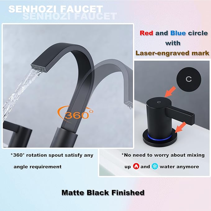 Matte Black Bathroom Faucets 3 Holes, 8 Inch Widespread Bathroom Sink Faucet, 2 Handles Black Bathroom Faucet with Pop-up Drain and Supply Hose SE-0018-BK
