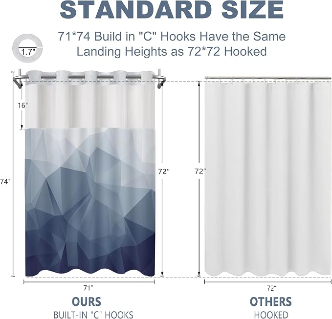 No Hook Shower Curtain with Snap in Liner Set, Blue, 71x74 | Waterproof Fabric for Bathroom, Modern Hotel Style Ombre Design, Mesh Top Window, Machine Washable, Quick Install
