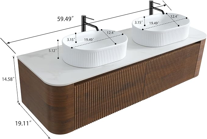 60" Preassembled Double Floating Bathroom Vanity with White Sink, Walnut | Mid-Century Modern Style, Fluted & Soft-Close Drawer with U-shaped Wall, Sinterted Stone Countertop, Towel Rack Included