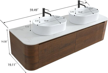 60" Preassembled Double Floating Bathroom Vanity with White Sink, Walnut | Mid-Century Modern Style, Fluted & Soft-Close Drawer with U-shaped Wall, Sinterted Stone Countertop, Towel Rack Included
