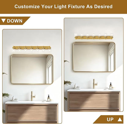 Brushed Gold Bathroom Light Fixtures, 7 Lights Bathroom Lighting Fixtures Over Mirror, Square Design & Rectangle Large Backplate, Modern Vanity Lighting Fixtures, for Living Room/Bedroom