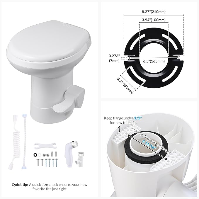 AW 20" High RV Camper Toilet with Bidet Spray Gravity Flush Elongated HDPE | Toilets for Motorhome Caravan