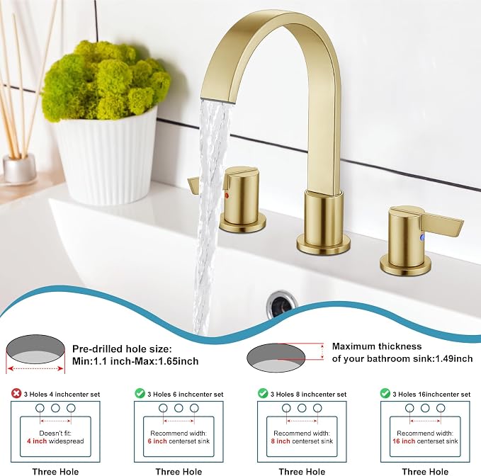 Midanya 8 Inch Widespread Bathroom Sink Faucet 3 Hole,Brushed Gold | Waterfall Swivel Spout,2 Handle,SUS304,with Pop Up Drain,cUPC 24" Water Hose,for 6-16” hole distance vanity,RV,Farmhouse Sink