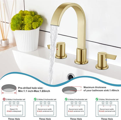 Midanya 8 Inch Widespread Bathroom Sink Faucet 3 Hole,Brushed Gold | Waterfall Swivel Spout,2 Handle,SUS304,with Pop Up Drain,cUPC 24" Water Hose,for 6-16” hole distance vanity,RV,Farmhouse Sink