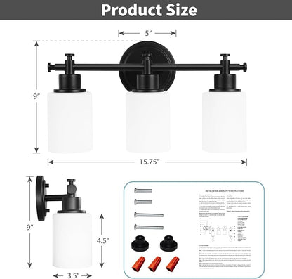 3 Light Black Bathroom Light Fixture, Modern Vanity Lights Over Mirror | Bathroom Wall Sconce with White Glass Shade, Modern Anti-Rust Vanity Light Fixture, Hardwired, E26(Bulbs Not Included)