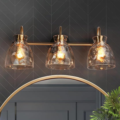 KSANA Black Gold Bathroom Light Fixtures, 3 Light Modern Vanity Lights with Textured Glass Mid-Century Bathroom Vanity Lighting for Bedroom, Kitchen, Powder Room, Black & Electroplated Brass Finish