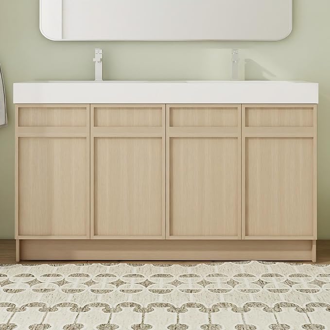 60" Double Sink Freestanding Bathroom Vanity Brown 4-Door Cabinet | Twin basins for master baths, Silent soft-close hardware, Scratch-resistant basins included