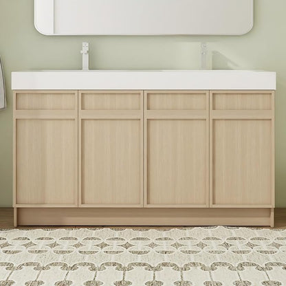 60" Double Sink Freestanding Bathroom Vanity Brown 4-Door Cabinet | Twin basins for master baths, Silent soft-close hardware, Scratch-resistant basins included