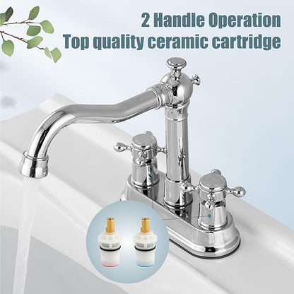 Aolemi 4 Inch Centerset Bathroom Sink Faucet Vintage 2 Cross Handle RV Mixer Tap Basin Vanity Lavatory Utility for Sink 3 Hole Include Hoses Pop Up Drain Faucet Handle Without Label Polish Chrome