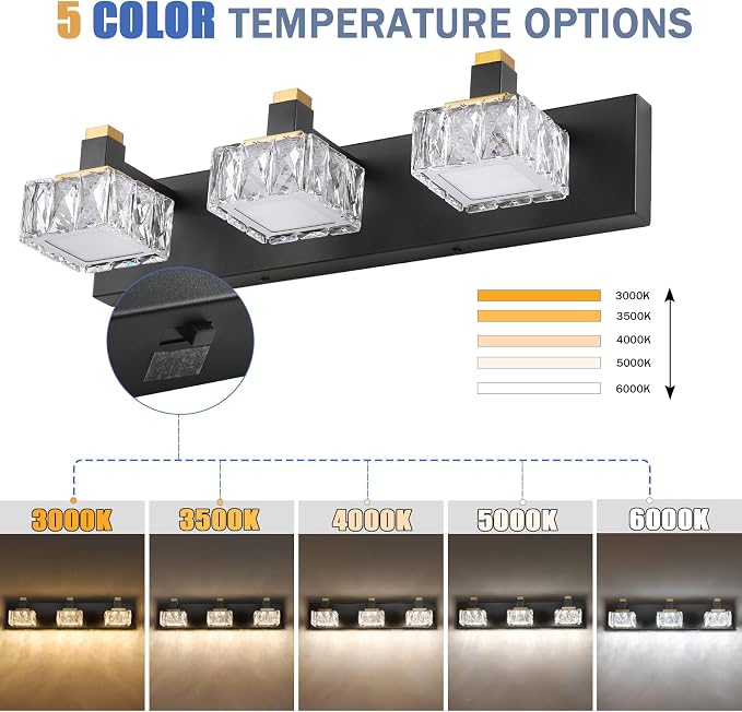 Bathroom Vanity Lights Over Mirror,3-Light Dimmable 5CCT Led Vanity Lights Black Gold Crystal Wall Sconce Lighting 22.05 inches Modern Vanity Light for Bathroom,Bedroom,Living room.(3000K-6000K）