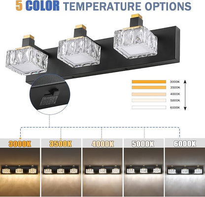 Bathroom Vanity Lights Over Mirror,3-Light Dimmable 5CCT Led Vanity Lights Black Gold Crystal Wall Sconce Lighting 22.05 inches Modern Vanity Light for Bathroom,Bedroom,Living room.(3000K-6000K）