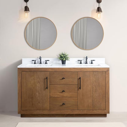 Vanity Art 60 inch Double Sink Bathroom Vanity, Solid Poplar Wood, Vanity Cabinet with Doors and Shelf, Modern Wood Bathroom Vanity with White Marble Top, 3 Functioning Drawers, VA70-60-DT-E