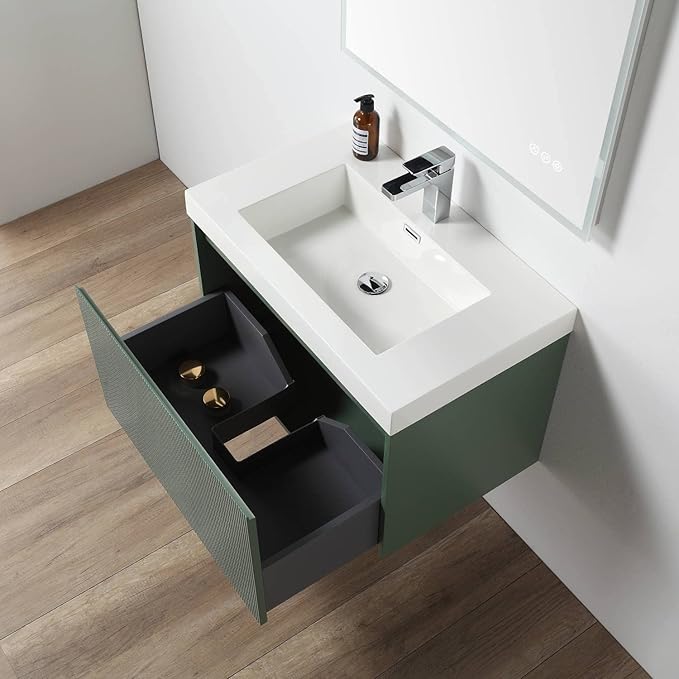 Blossom 30 Inch Bathroom Vanity with Sink and Side Cabinet, All Wood Floating Bathroom Vanity with Acrylic Sink, Bathroom Sink Cabinet with Soft-Close Drawer, Modern Style Vanities, Aventurine Green