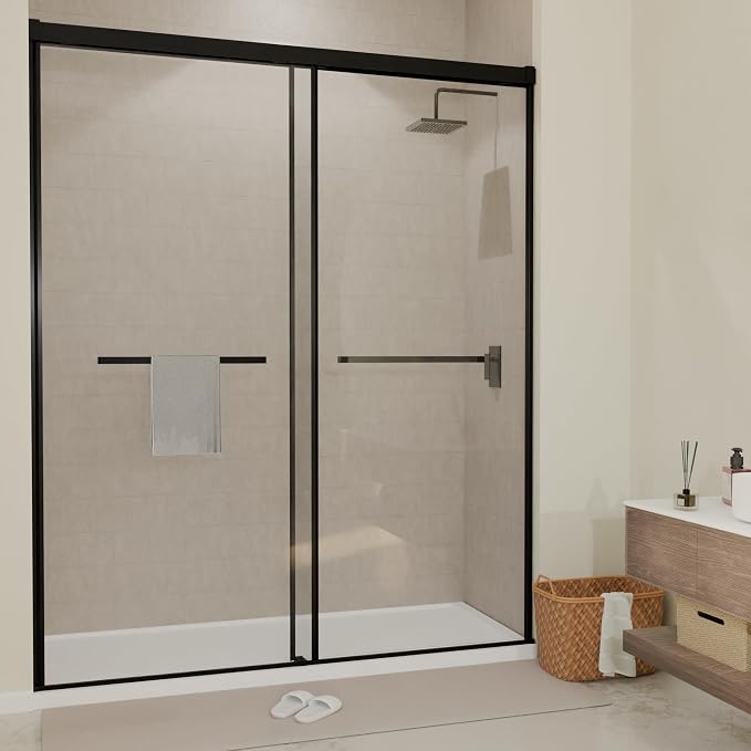 56–60" W x 72" H Semi-Frameless Double Sliding Shower Door | 27.6" Walk-In Opening, 1/4" SGCC Tempered Glass Bypass Door, Matte Black, Reversible Installation