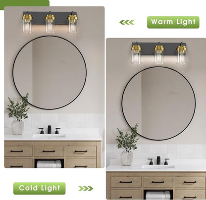 Bathroom Lighting Fixtures, 3-Light Bathroom Vanity Lights Over Mirror, Black and Gold Vanity Light with Glass Shade, Modern Vanity Lighting Fixtures for Bathroom, Bedroom, Hallway