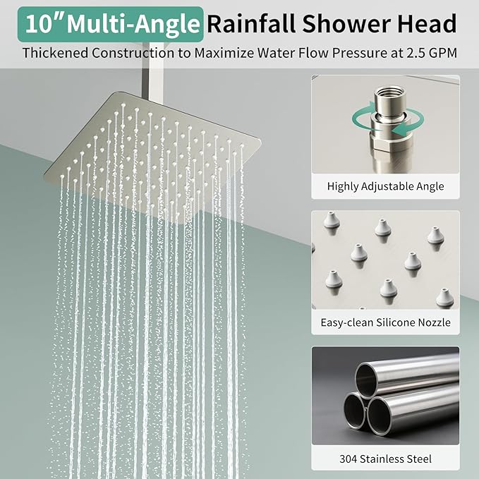 Shower Faucet Set Shower System - SR SUN RISE Brushed Nickel Shower Trim Kit with Dual Shower Head, 10'' Ceiling Rainfall 6'' Wall Mount with Handheld Shower for Couples, Complete 6 Diverter Valve