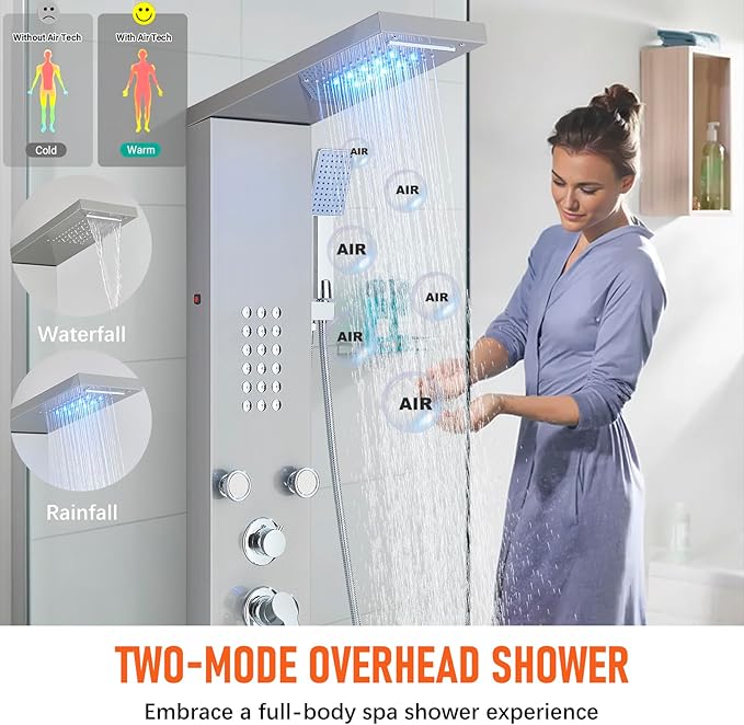 Fuz LED Shower Panel Tower System, 5 Function Stainless Steel Brushed Nickel Shower Tower with Rainfall Shower Head and Handheld, 4 Body Jets and Waterfall Tub Spout, High Pressure Shower Column