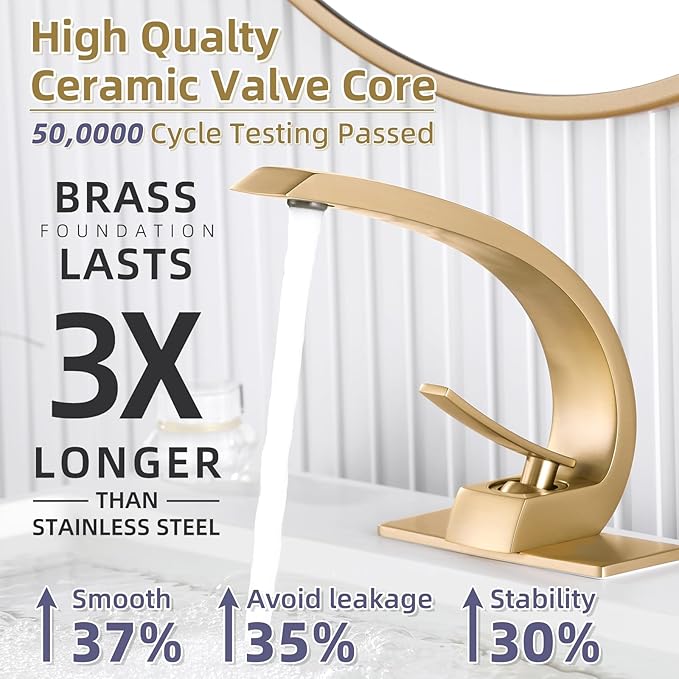 Brushed Gold Bathroom Sink Vanity Elegance Swan Faucet for 1 Hole With 6-Inch 3 Hole Deckplate,Rikaziya Bathroom Fixtures Faucets Pop Up Overflow Drain With 9/16" Supply Hose and to 1/2" Adapter Combo