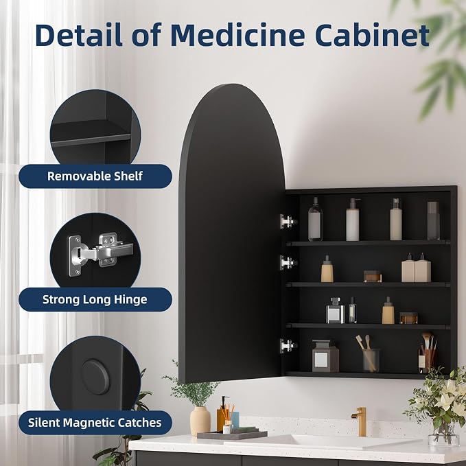 Medicine Cabinets for Bathroom, Black Arched Medicine Cabinet Recessed or Surface Wall-Mounted,Modern Bathroom Vanity Mirror with Storage, Mirrored Cabinet with Adjustable Shelves,24x36 Inch