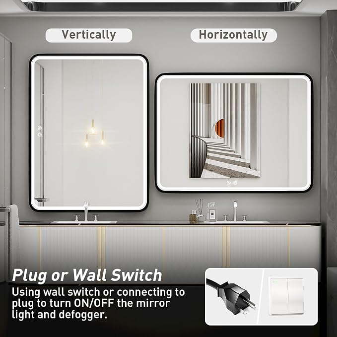40x30 Inch LED Black Frame Bathroom Mirror,3- Color | ETL Listed,Anti-Fog,3000K/4500K/6000K Dimmable,Horizontal & Vertical,Wall Mounted,Memory Function